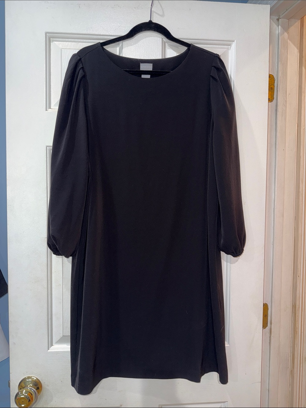 Chico's Black Long-Sleeve Shift Dress with Puff Sleeves